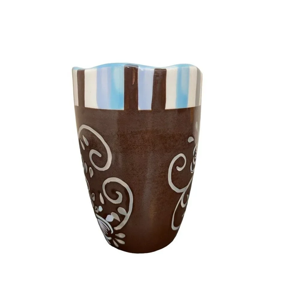 Pier‎ 1 Imports Handpainted Dolomite Coffee Mug w/Scalloped Edge Brown Blue